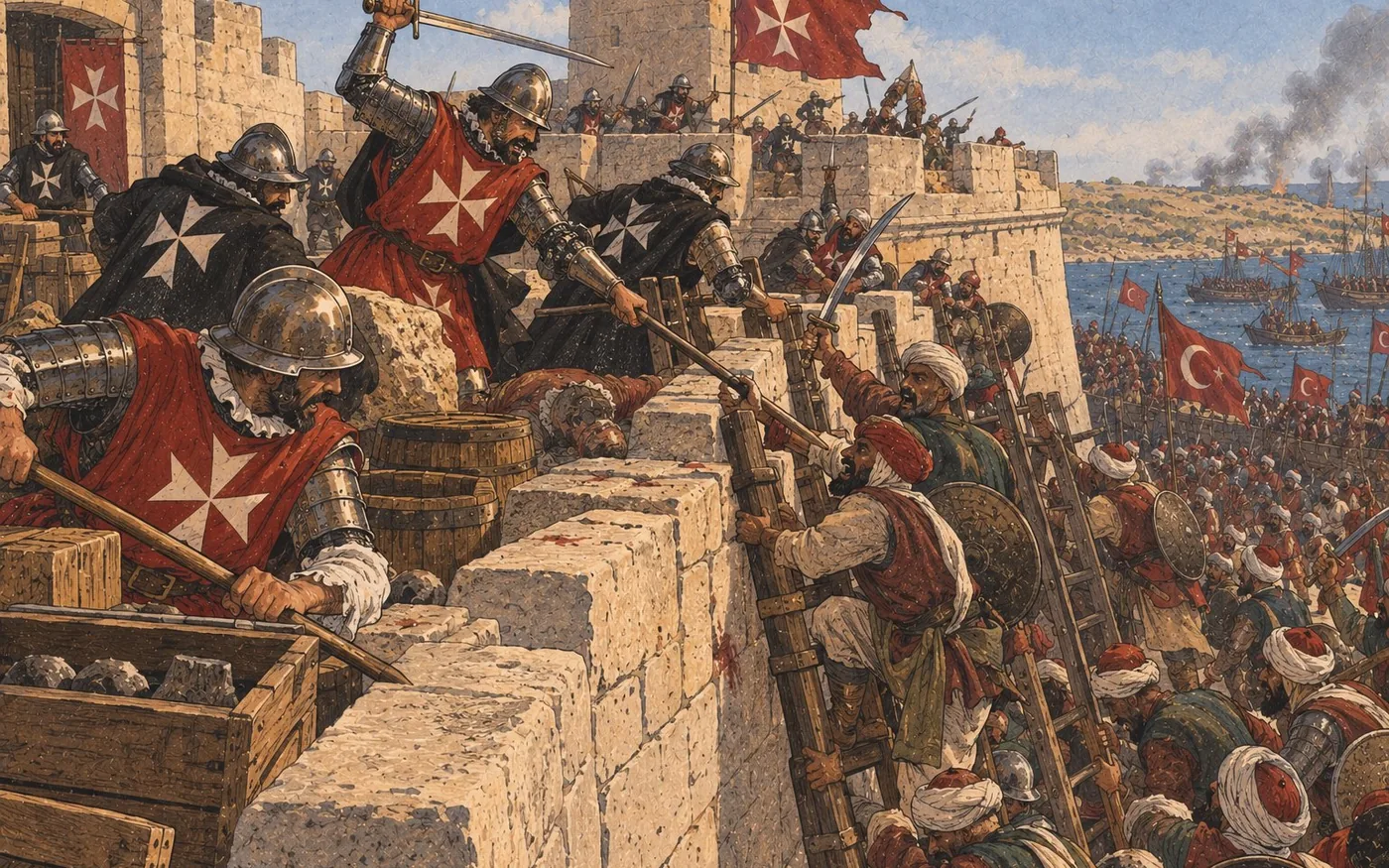 Knights of the Order defending the wall at Birgu during the Great Siege of 1565